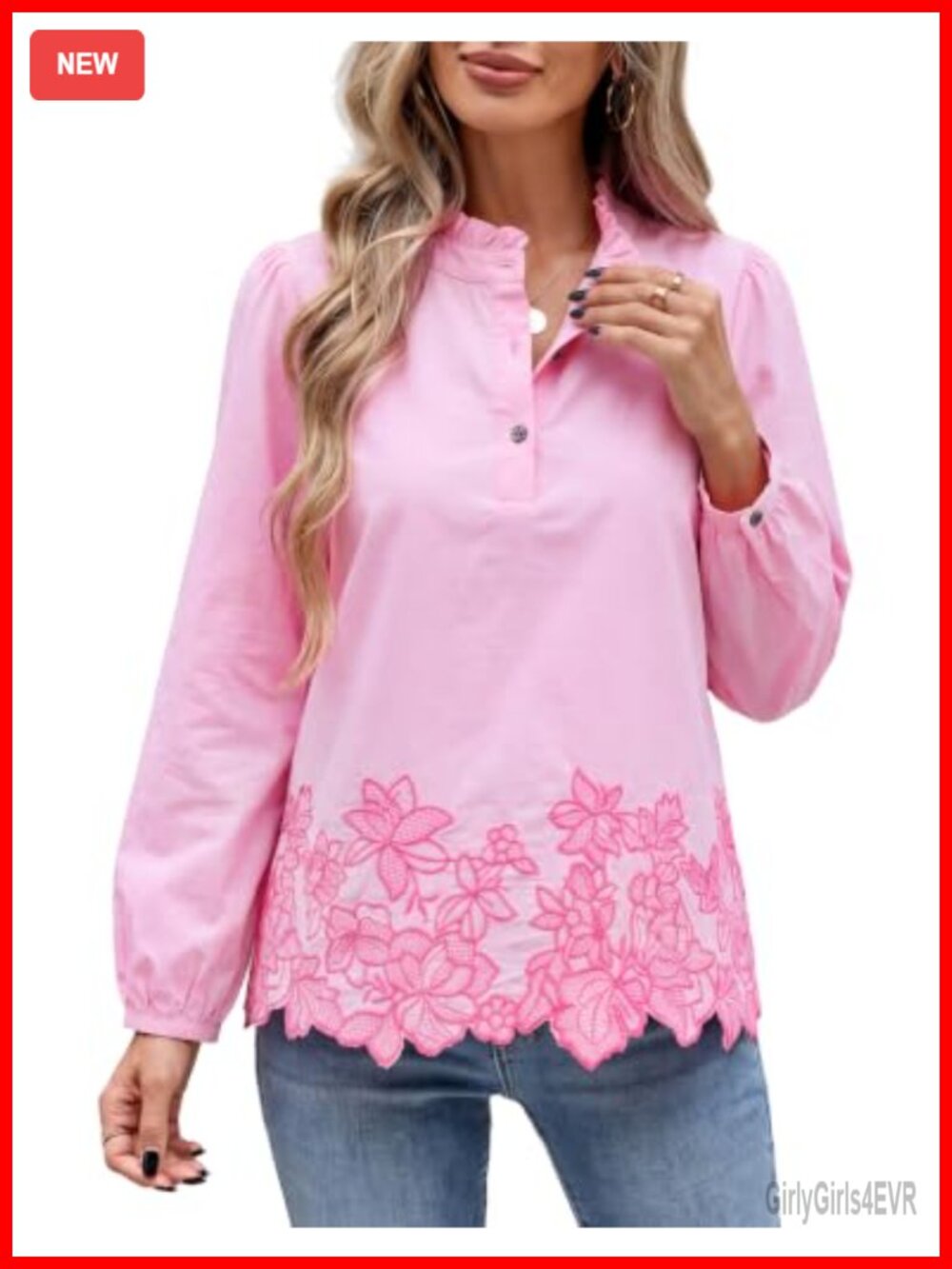 100% Cotton Embroidered Blouse Long Puff Sleeve Button Down Shirt